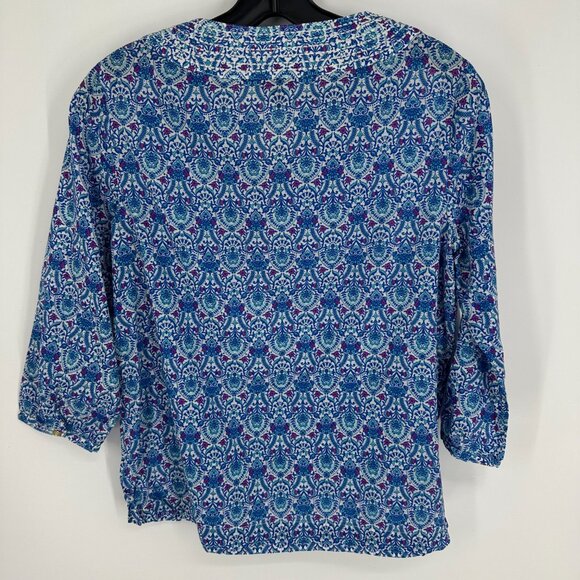 Talbots Batik Print Tunic Top Embroidered Cotton 3/4 Sleeves Casual Blue - Picture 2 of 7